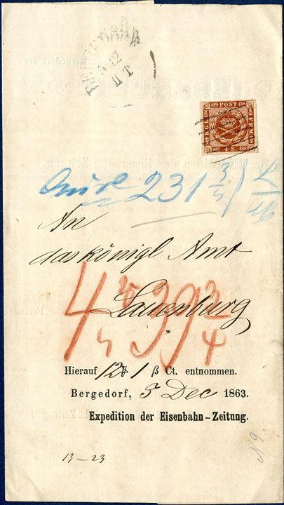 COD sent sent from Bergedorf to Lauenburg 3 December 1863 on pre-printed invoice sheet bearing a 4 sk. 1863 (stamp cut below) tied by 5-line Bergedorf cancel, alongside segment “Bergedorf 3.12 II T”. COD for “ 12 M 1 sk. Ct.” and converted into LM. A well preserved document.