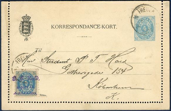 4 øre Correspondence-Card with additional 4 øre bicolored, with one of the stamps stamped by 3-line “P. F. Hald, Algade 13, AALBORG”, an early example of perfin !