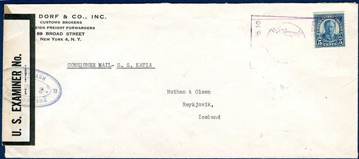 US Consignee letter by SS Katia, with Reykjavik censor ship “U.S. PORT CONTROL - REYKJAVIK - 2 JUN 1944”, scarce.