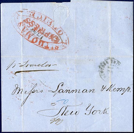 Letter sent from St. Thomas to New York, stamped with red “ST. THOMAS - OFFICE - EXPRESS” in red, dated 8 February 1864.