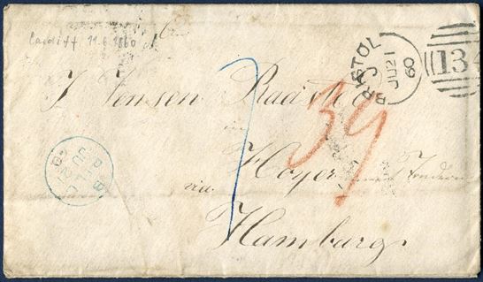 Letter sent to Høyer (Tondern) in the Duchy of Schleswig from Bristol 21 July 1860, charged 39 sk. due at the addressee, with “7” Sgr. foreign share.