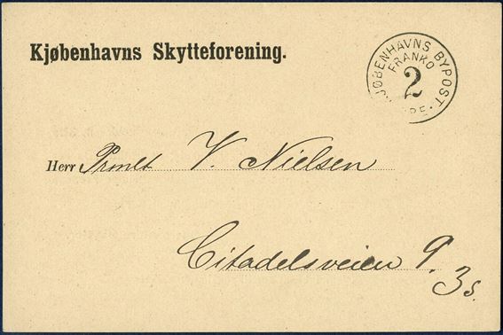 KØBENHAVNS BYPOST - “2 ØRE FRANKO - KJØBENHAVNS BYPOST” mark stamped on front, on postcard dated March 1887, from Copenhagen “Skytteforening”. Fine commercial example of the franco stamp.
