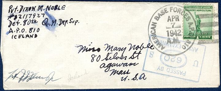 US APO 810 wrapper band sent from APO 810 in Iceland 7 April 1942, bearing a 1c US stamp, tied by APO 810 cancel and stamped passed by Censor.