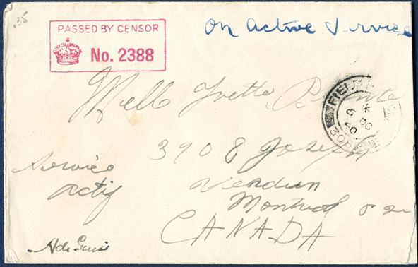 FPO 306, dated 6 October 1940. Sent from the Canadian forces in Iceland to Canada, scarce.