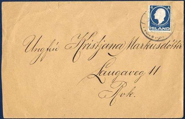Local letter Reykjavik franked with 4 Aur Jon Sigurdsson embossed issue.