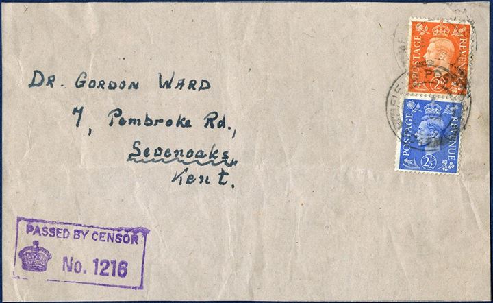 Piece from package, sent from FPO 304 and franked with 2d and 2 1/2d and sent to England, and censor 1216 stamped on front.