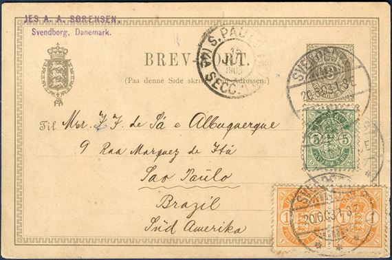 3 øre Postcard with additional franking of two 1 øre and 5 øre Coat of Arms issue sent from Copenhagen to Sao Paulo Brazil 20 June 1903. Scarce destination.