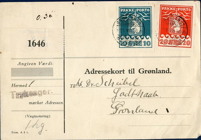 Parcel letter bearing 10 øre (1928) and 20 øre (1933) Pakke-Porto stamps tied by CDS “GRØNLANDS STYRELSE 21.VIII.36”. The parcel with label “1646” for sending 1 kg. of printed matter marked by 1-line mark “Tryksager”. Scarcely found with shipment of printed matters.