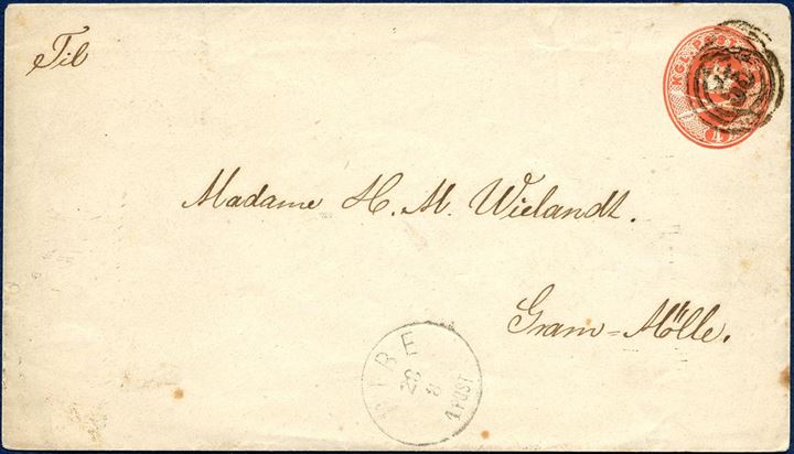 4 Sk. Envelope SKILLLING KV5 (1871) sent from RIBE to Gram-Mølle, paying the favored border rate at 4 SK between RIBE and GRAM. RIBE Lapidar IIa-1 delivered 30.12.1870, known from 23.11.71 till 1878. ONLY RECORDED 4 SK STATIONERY ENVELOPE USED FOR THE BORDER RATE WITH SCHLESWIG.