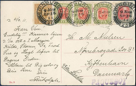 Postcard sent from Iceland to Copenhagen via Edinburgh 21.9.1911, bearing mixed franking with 4 aur Chr. IX, 3 aur and three 1 eyr Two Kings issue, all neatly tied by two-ring “Edinburgh” no. 25, stamped 26.6.1911, alongside 1-line violet “PAQUEBOT” Hosking no. 7. 10 aur rate correct franking via England.