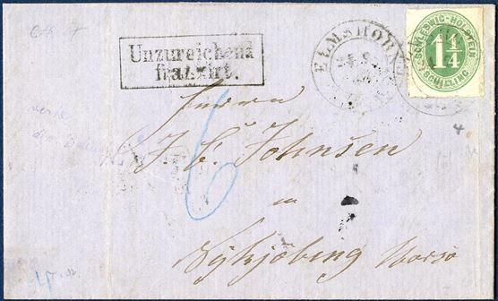 Letter from Elmshorn in Holstein to Nykjøbing Mors 24.9.1865 franked with a 1 1/4 Sch. Mi. 9, tied by two-ring Elmshorn 24.9.1865. From Holsten the rate was 2 Sch., underfranked and thus charged 6 Sk. Danish in blue crayon, and stamped boxed “Unzureichend frankirt”. A very light bend in the stamp at right.