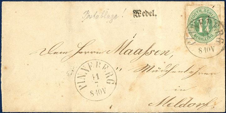 Letter sent from Wedel through Pinneberg to Meldorf in Holsten stamped with “Wedel” 1-line mark, bearing 1 _ Sch. HERZOGHT.SCHLESWIG Mi. 4, cancelled with CDS “PINNEBERG 11.7” (1864). Stamp with defects, aged, certificate.