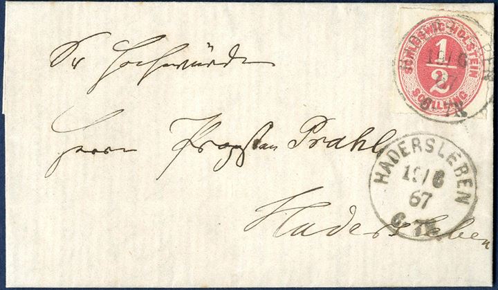 Local letter sent from Fjelstrup to Hadersleben 19 June 1867 bearing a 1/2 Sch. SCHLESWIG-HOLSTEIN 1865-issue in rose colour and tied by Prussian 1-ring. Local letters are scarce and this letter is in outstanding quality. Opinion.