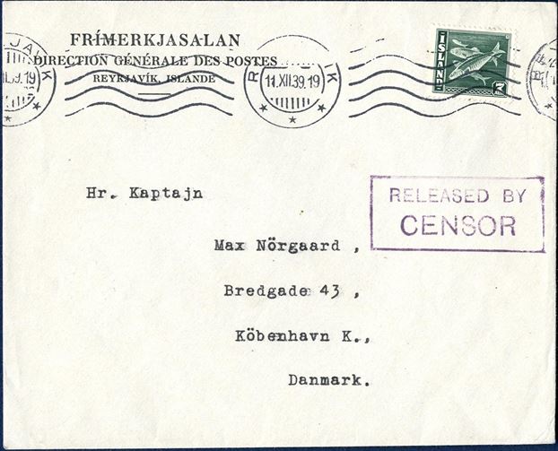 Printed matter letter sent from Reykjavik to Copenhagen 11 Dec. 1939 bearing a 7 aur heering issue. This letter was sent with »Brúarfoss« or »Gullfoss« which anchored at Kirkwall as mailed was ceased and sent for censorship in Liverpool, where the letter received the boxed “RELEASED BY CENSOR”, stamped on front and reverse. The letter is illustrade in Hopballe book page 125.