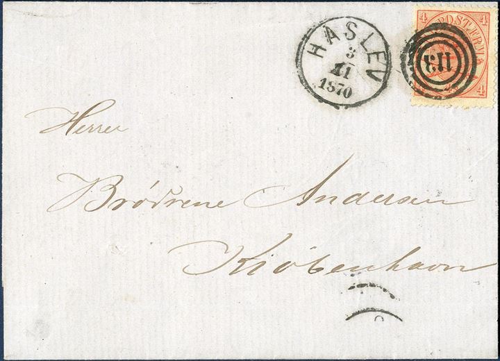 Letter sent from Haslev to Copenhagen 3. November 1870 bearing a 4 sk. Arms type 1864-isssue tied by CDS Lap VIa-1 “HASLEV 3.11.1870” in black ink. Only recorded LAP VIa-1 Haslev on letter.