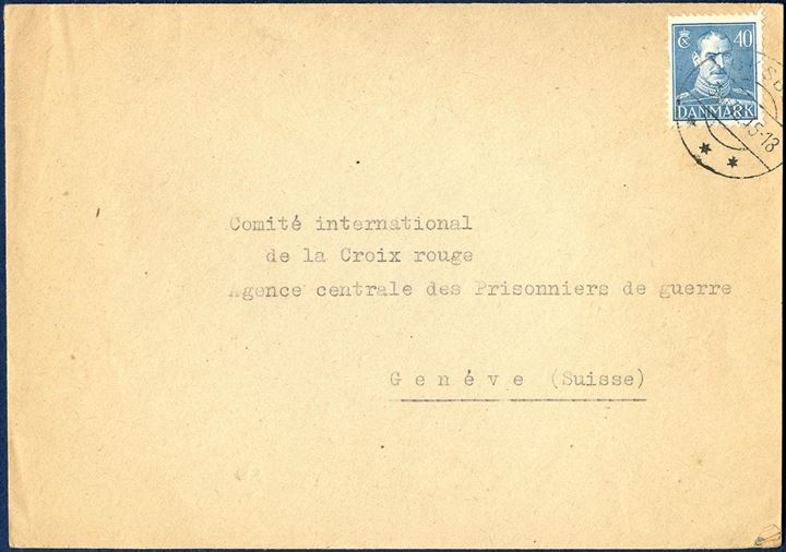 Letter sent from Oksbøl to Geneve 3 October 1945, bearing one 40 øre Chr. X steel engraving issue, tied by CDS “OKSBØL” swiss type mark. Sent from the refugee camp “Oksbøl” and stamped on reverse with oval mark in blue “St. C. L./LEJRCHEFEN/I OXBØL” alongside line mark “Censureret” and censors signature.