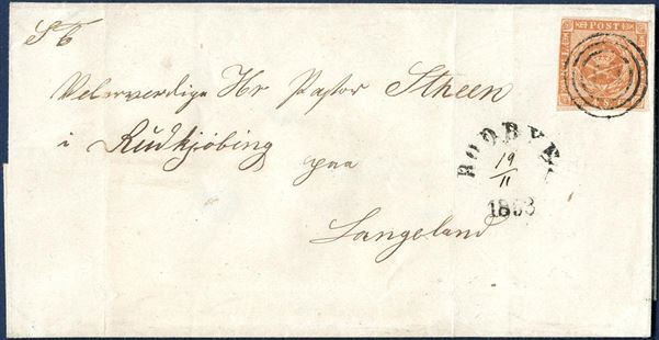 Domestic letter sent from Rødbye to Rudkjøbing 19 November 1858, bearing a 4 Sk. wavy-line 1858-issue tied by numeral 60, alongside stamped with curved 1-line mark “RØDBYE 1858” and ink date “19/11”. Postmark used one year from July 1858 to July 1859. Envelope with some folds not affectic stamp. Scarce postmark.