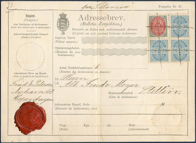 Parcel card franked with three 20 øre Coat-of-Arms issue perforation 14 x 13 1/2 and 12 øre bicolored pen-cancelled to be sent from Copenhagen to Stettin. Noted on top margin “pr. „Titania””. Quite remarkably not with any postmarks, dates or note of parcels, a piece that I never have the the like of earlier.