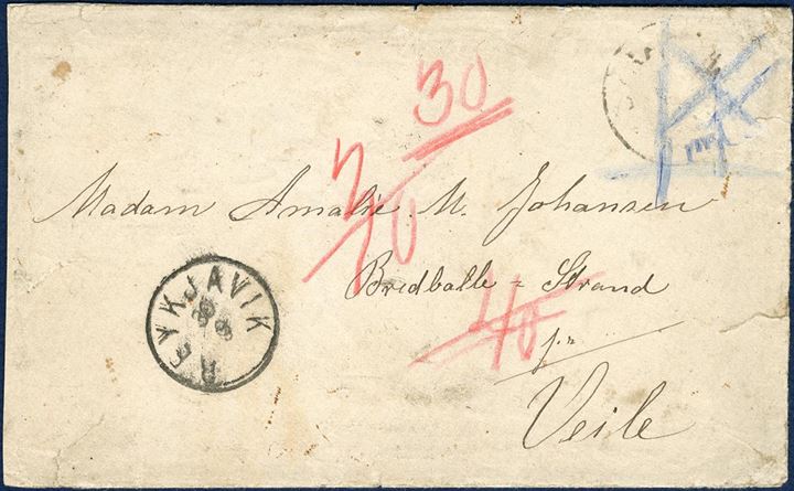 Letter sent from Iceland, stamped Reykjavik 29 September (1893) to Vejle, Denmark. The adhesive has gone missing enroute to Denmark, then noted in blue crayon with a cross “mgl” meaning missing/mangler with Copenhagen transit mark and Vejle receiving mark on reverse. Charged 30 øre by the addresse, which likely is the 30 aur 2nd letter rate, some restoration to preserve an unusual letter from Iceland. 