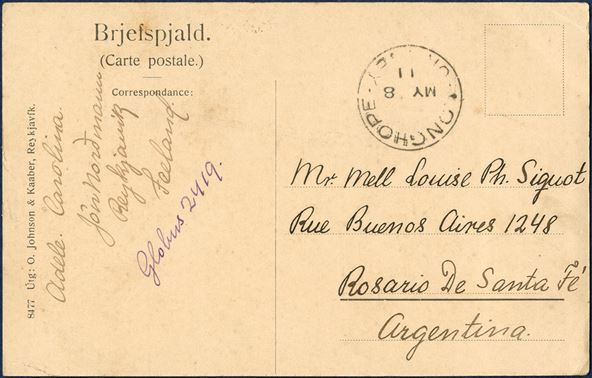 Postcard sent from Reykjavik 2. May 1911 to Rosario de Santa Fé, Argentina. On picture side bearing a pair 3 aur and a 4 aur King Christian IX tied by “Reykjavik 2.V.11” CDS, transit mark “LONGHOPE – ORKNEY MY 8 11” on address side.