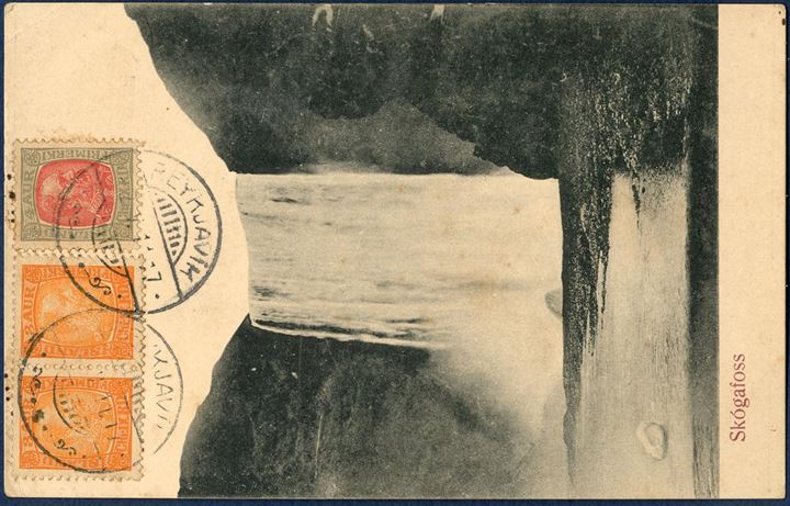 Postcard sent from Reykjavik 2. May 1911 to Rosario de Santa Fé, Argentina. On picture side bearing a pair 3 aur and a 4 aur King Christian IX tied by “Reykjavik 2.V.11” CDS, transit mark “LONGHOPE – ORKNEY MY 8 11” on address side.