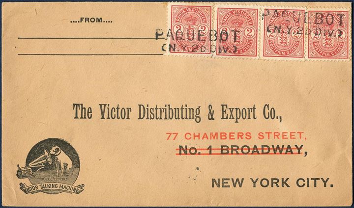 Danish West Indies June 1904 to New York. Four 2¢ Coat-of-Arms issue (AFA 22) tied by “PAQUEBOT / (N.Y.2D DIV), with receiving mark struck on reverse “NEW YORK. N.Y. / 1904/ JUN 24 / 1-PM”. Foreign rate 8¢ from 1.1.1902 – 14.7.1905.