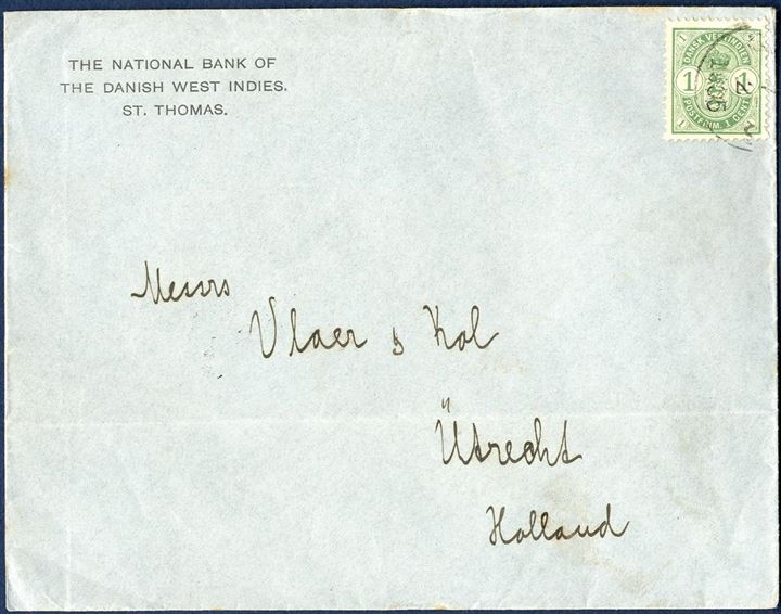 PRINTED MATTER envelope St. Thomas 7 February 1905 to Utrecht, The Netherland. 1¢ Coat-of-Arms issue (AFA 16) tied with “UTRECHT 24 FEB 05” receiving mark on reverse. In this form as an envelope sent as printed matter is extremely rare. Rate 1¢ from 1.1.1902 – 14.7.1905.