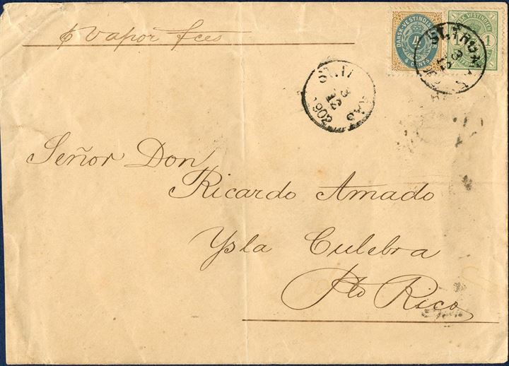 Letter St. Thomas 3 December 1902 to Ysla Culebra, Puerto Rico. 4¢ bicolored III printing normal frame and 1¢ Coat-of-Arms issue (AFA 7B,16) tied by “ST. THOMAS 3/12 1902”. ”. Within a 300 miles zone in the Caribbean area a favored rate of 5¢ were in use from 1.4.1879 – 14.7.1905, this late and with the combination quite scarce.