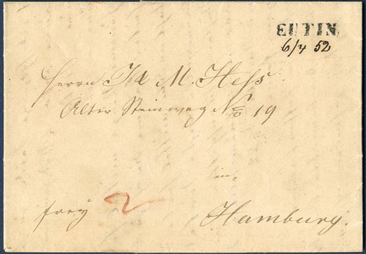 Letter prepaid 2 Sch. Courant in cash (6 skilling Danish) sent from Eutin to Hamburg 6 April 1852 stamped “EUTIN” 1-line and dated in manuscript “6/4 52” below the mark. Postmark known from February 1850 till April 1852, this letter being the latest recorded use. Rare.