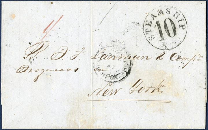 Docketed St. Juan, Pto Rico 29 December 1853 via St. Thomas to New York. One 1/ paid and crowned circle struck “PAID AT SAN JUAN PORTO RICO” in black, via “ST. THOMAS JA 15 1854” on reverse, and “STEAMPSHIP 10” cents due at New York.