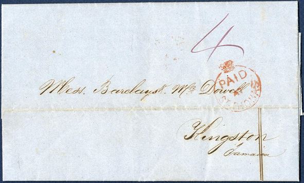 Letter docketered St. Thomas 30 April 1863 to Kingston, Jamaica. Crowned 1-ring “PAID AT ST. THOMAS” in red struck on front and 4d paid to Jamaica. Double ring, small type “ST. THOMAS MY 1 1863” and 1-ring “KINGSTON-JAMAICA MY 5 63” struck on reverse. 