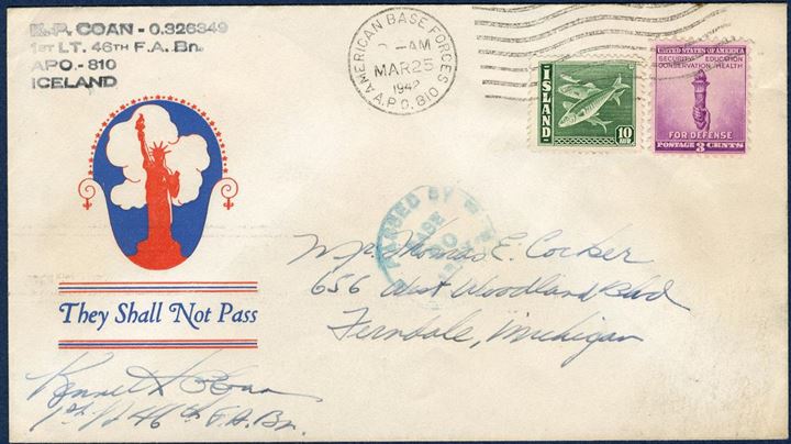 Letter from APO 810, Iceland 25 March 1942 to Michigan, USA. Mixed franking with Icelandic 10 aur herrings and US 3¢, tied by machine cancel “AMERICAN BASE FORCES / A.P.O. 810/ MAR25 / 1942”. Sent by K. P. Coan, 1st. LT. 46th F.A.Bn. Mixed frankings are unsual, although the Iceland stamp were superfluous. 