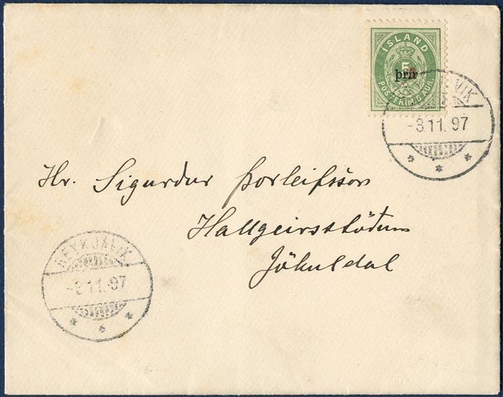 Printed matter Reykjavik 3 November 1897 to Hallgeirsstödun, Jökuldal. “3 Prir” small overprint (AFA 18BI), tied by “REYKJAVIK 3.11.97”. Commercial matter with a printed document inside the letter, genuinely used letters are extremely rare with Prir issues.