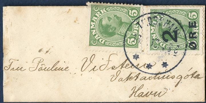 Business card letter within Thorshavn 16 January 1919. 2/5 øre provisional 1919-issue (AFA 1 and Danish 5 øre Chr. X (AFA 68) tied by CDS “THORSHAVN 16.1.19”. Very unsual and tiny envelope, smallest 2/5 øre 1919-provisional recorded.