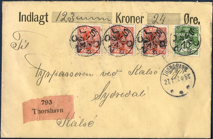 Value letter Nolsø 27 January 1927 to Sydredal, Kalsø Fyr. Three 20 øre King Christian X and 10 øre Wavy-line (AFA 147, 124) tied by star-cancel “NOLSØ” alongside CDS “THORSHAVN 27.1.27 4-5E”. Letter rate 20 øre, insurance 123,24 kr. with fee 50 øre up to 1000 kr., correct 70 øre franking, red value label “793 / Thorshavn”.
