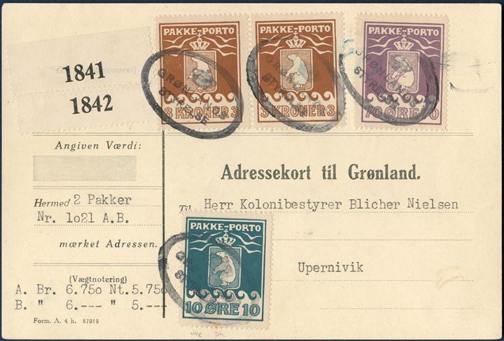 Parcel card to Blicher Nielsen, Upernavik. One 10 øre 1915 IV printing, 70 øre and two 3 Kr. 1930-issue (AFA 7, 10, 12) tied by oval mark “GRØNLANDS STYRELSE” in black, GF1, no. 21.01). Two parcels weighing 6,75 and 6 kg., total postage 680 øre. Parcel card “Form. Ah. 57019” GF13.