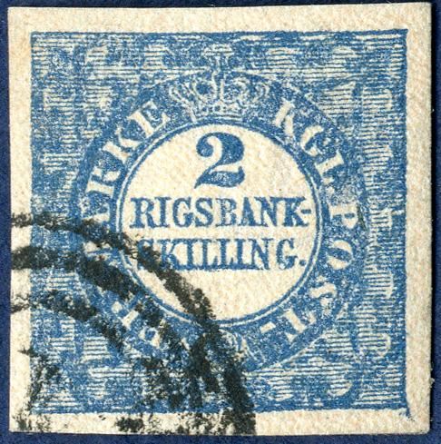 2 Rigsbankskilling Thiele printing plate I, pos. 63, type 3 with even margins and a nicely placed cancel in the corner leaving most of the stamp design visisble and rare in this condition as the instruction was to cancel the stamp with the most of the cancel on the stamp itself.