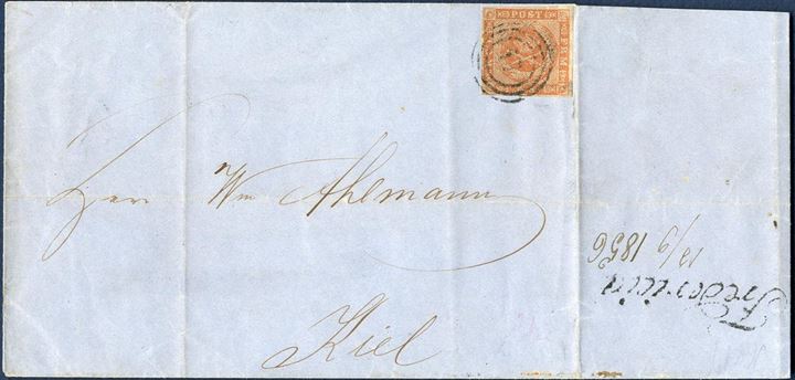 Prepaid letter Fredericia 12 September 1856 to Kiel. 4 sk. 1854 dotted spandrels III printing tied by Fredericia numeral “17”. Due to the absence of Fredericia date stamp, the office line mark “Fredericia” was stamped on reverse and date added “12/9 1856”. Stamp with oxidation.