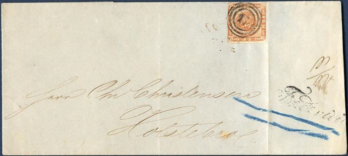 Prepaid letter Fredericia 10 October 1856 to Holstebro. 4 sk. 1854 dotted spandrels III printing tied by Fredericia numeral “17”. Due to the absence of Fredericia date stamp, the office line mark “Fredericia” was stamped on reverse and date added “10/10”.