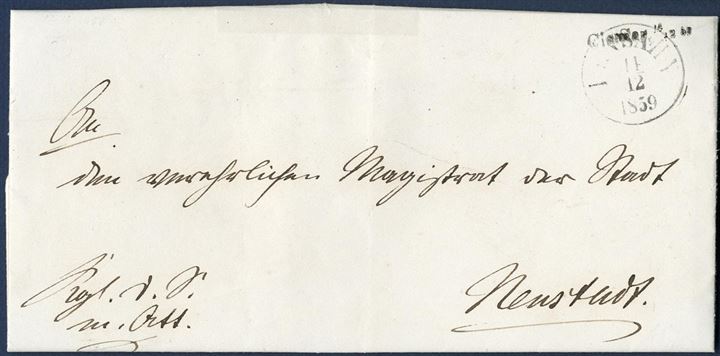 Royal Service letter sent from Cismar to Neustadt 14 December 1859 with “Cismar, 14/12 60” 1-line mark applied on front alongside “Lensahn” CDS. ARGE type 6.
