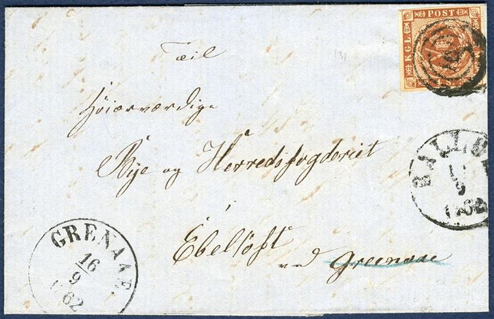 Letter docketed Ballum, postmarked Ballum September 1862 sent to Ebeltoft v/Grenaae. 4 sk. V printing tied by numeral Ballum “161” and date-stamp “BALLUM 1x/9 1862” and transit mark “GRENAAE 16/9 1862”, on reverse “AABENRAA 14/9 4-6 EF”.