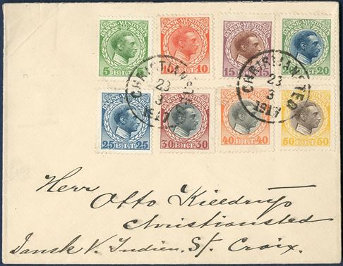 Complete set of King Christian X bicolored issue on letterl tied by datestamp “CHRISTIANSTED 23/ 3 1917”. Complete set on letter is rare.
