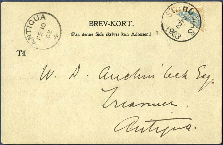 Postcard St. Thomas 2 February 1903 to Antigua. 2¢ provisional bisected 4¢ tied by CDS “ST. THOMAS 2/2 1903” with receiving mark “ANTIGUA FB 10/03” on front. Unusual destination and rare type of private BREV-KORT.