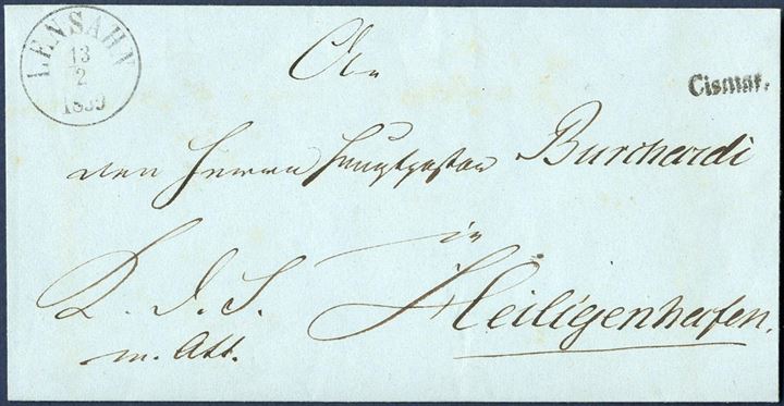Royal Service letter sent from Cismar to Heiligenhafen 13 February 1859 with “Cismar” 1-line mark applied on front alongside “Lensahn” CDS. ARGE type 5.