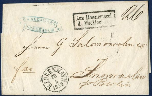 Letter sheet sent from Copenhagen 28 May 1852 to Berlin. Prepaid “26” sk. marked upper right corner, convention transit mark “Aus Daenemarck d. Mecklenburg” in black struck on front and on reverse transit marks “OSTBAHN 29.5 – III T.”, two-ring “BERLIN-HAMBURG 29 5” and boxed “BROMBERG / BAHNHOF / 30 5”.