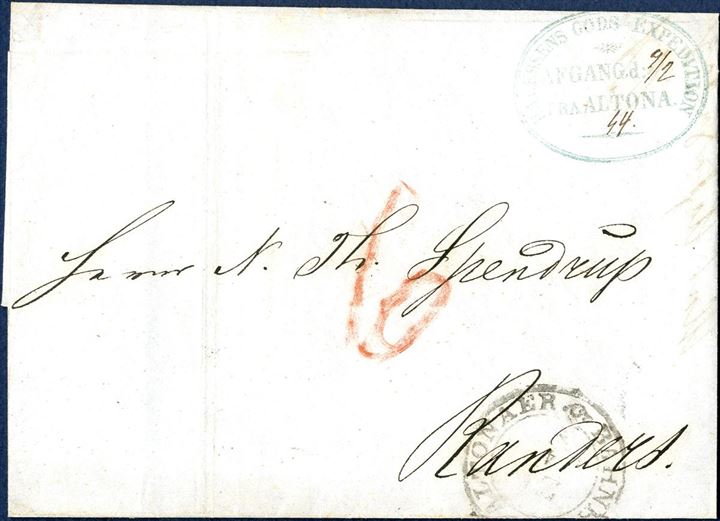Entire sent from Altona to Randers on 4 February 1854. Sent unpaid and charged “6” sk. due in red crayon, postmarked with railway mark “ALTONAER BAHNHOF” and stamped with the company mark “P.A. v ASSENS GODS EXPEDITION / AFGANG d: / FRA ALTONA.” and which also has been recorded as a forwarder mark between Hamburg and Altona. 