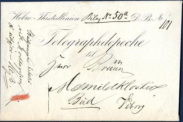 Telegraph Depeche envelope sent with local messenger from the Viborg Telegraph Station on the Hobro-Thisted line. Endorsed “Budpenge betales ved Modtagelsen #udgjør – 16 ß.” and pre-printed “frit” crossed out with red crayon, a rare and expensive local express service letter.